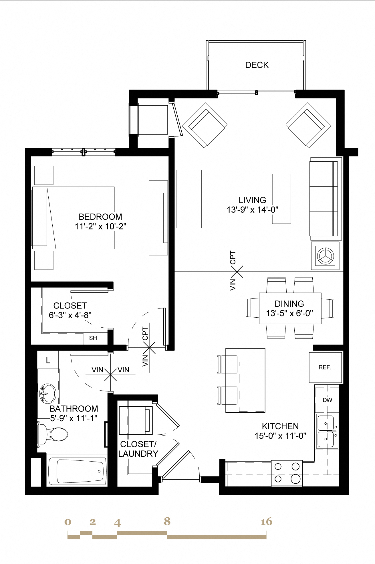 Floor plan for 1 bed, 1 bath, 804 sqft